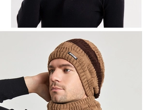 Detailed knit texture of the coffee and khaki winter hat and neck warmer scarf set