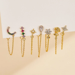 Elegant S925 silver earring set with floral moon star motifs and gold tassel chains