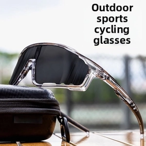 Detail of oversized square cycling sunglasses with a premium leather zipper case on wood