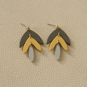 Three-layer pumpkin ghost bat leaf earrings in grey and yellow clay with gold studs