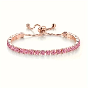 Bracelet ajustable élégant en or rose 3mm orné d'une rangée de zircons roses brillants