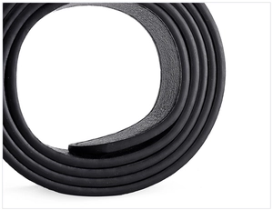 Close-up of a coiled black PU leather belt with a smooth texture on a white background