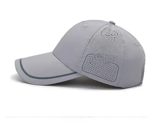 Detail view of laser-perforated ventilation holes on light gray quick-dry baseball cap
