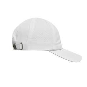 Detail of white baseball cap with laser-cut ventilation holes and metal buckle strap