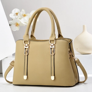 Elegant khaki lychee leather handbag for women with gold hardware and shoulder strap