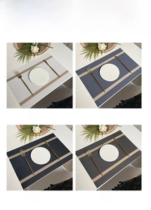 Detail von vier PVC-Tischsets mit Fischgrätmuster und Streifen in verschiedenen Farben