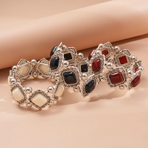 Vintage acrylic geometric elastic bracelet with retro metal frame for women
