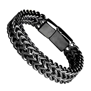 Men's hip hop punk style black stainless steel double woven bracelet with fold-over clasp