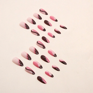 Almond shaped press-on nails with wave pattern in brown, rose pink and nude tones