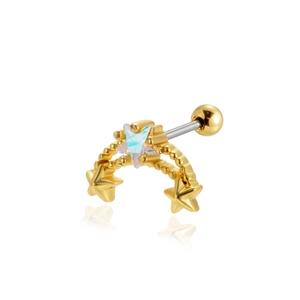 Detail of gold star earring with iridescent zircon and polished stainless steel post