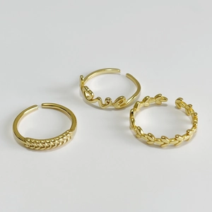 Three-piece S925 sterling silver gold-plated adjustable ring set with Love and leaf motifs