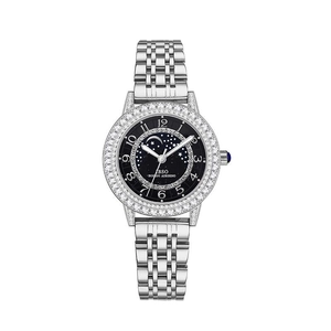 Womens Quartz Watch Starry Sky Moon Phase Dial Rhinestone Bezel Stainless Steel Leather Strap Elegant Casual Water Resistant