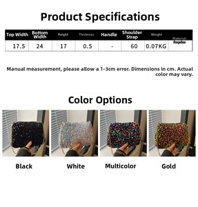 Size chart for sequin shoulder bag showing dimensions 24cm width and 0.07kg weight info