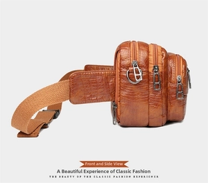 Vue latérale du sac banane marron à motif crocodile avec bandoulière tissée réglable