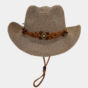 Handwoven western cowboy straw hat with turquoise bead band and adjustable chin strap