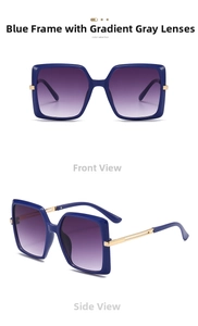 Detailed views of square navy blue sunglasses with gradient lenses and gold metal temples