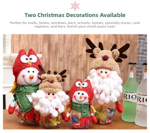 Macro detail of Christmas elk, snowman, and Santa plush jars on a wooden surface