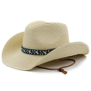 Breathable beige wide brim straw fedora hat with turquoise beads and chin strap