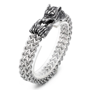Wolf Head Bracelet Men Vintage Stainless Steel Double Layer Braided Chain Viking Punk Jewelry Antique Silver