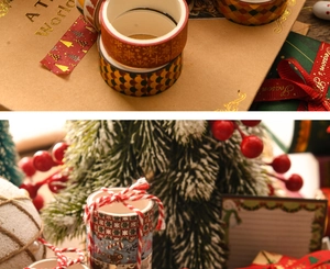 Macro detail of Christmas washi tape with gold foil patterns and festive craft styling