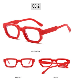 Detailed views of red retro square eyeglass frames showing front, back, and 45-degree angles