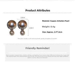 Detailed view of silver pearl earrings with dimensions and material specifications