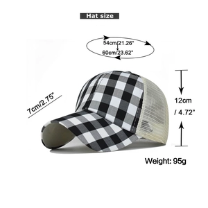 Detailed dimensions of checkered ponytail baseball cap with 7cm brim and breathable mesh