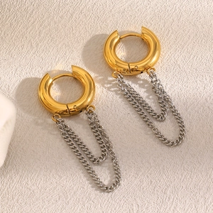 Stainless Steel 18K Gold Plated Hoop Earrings With Silver Chain Tassels Two Tone Minimalist Jewelry For Women
