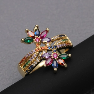 Adjustable gold flower ring featuring colorful marquise-cut zircons in a floral motif