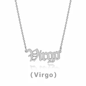 Detailed view of silver stainless steel Virgo zodiac pendant necklace in gothic font