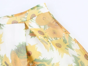 Detail of sunflower oil painting print on lightweight organza skirt with waistband