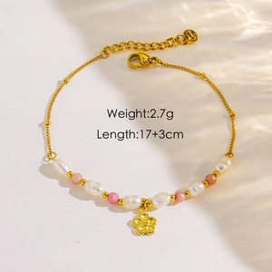 Bracciale a doppio strato in acciaio inossidabile dorato con perline e ciondolo a fiore dorato