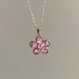 Five-petal flower necklace with pink water-drop zircons on silver stainless steel chain