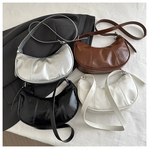 Chic retro crescent shoulder bags for women in silver, brown, black, and white colors