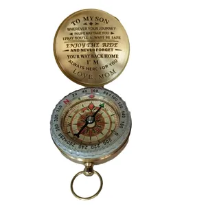 Vintage brass compass for son with engraved motivational message and classic flip lid