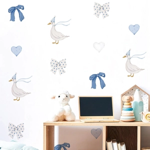 Bohemian duck wall stickers with blue bows and hearts for kids nursery room decoration