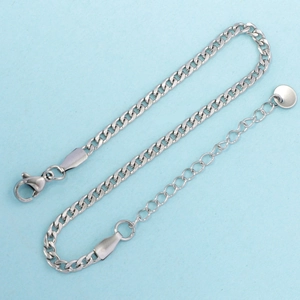 Polished silver stainless steel Cuban link bracelet with lobster clasp and extension chain