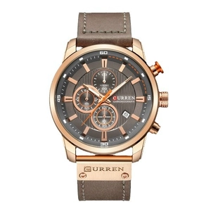 Men's CURREN chronograph watch with rose gold case, grey dial, and brown leather strap
