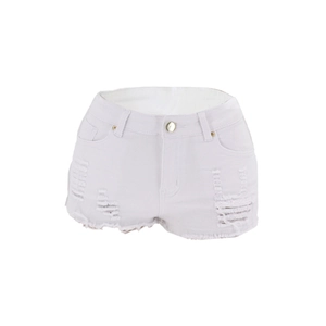 Detail shot of white ripped denim shorts with stylish frayed hem and distressed fabric texture