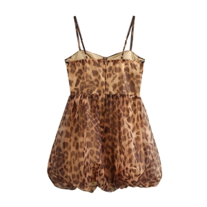 Sexy leopard print mini dress with thin straps and bubble hem in back view