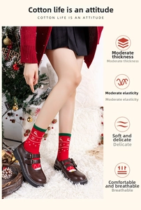 Detail of red cotton Christmas socks with reindeer patterns and Mary Jane shoes