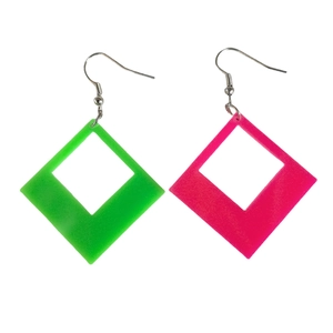 Detail of square hollow acrylic earrings in neon pink and green with silver metal hooks