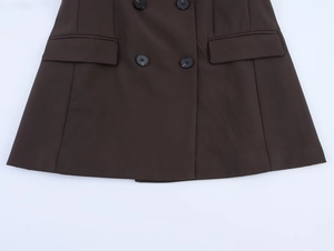 Detail of dark brown blazer hem featuring double-breasted buttons and flap pockets