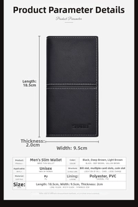 Detailed spec sheet showing ultra-slim long PU leather wallet with multi-card slots