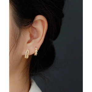 Elegant gold S925 sterling silver wheat ear hoop earrings with micro-pave crystals on model