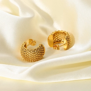 INS style 18k gold plated C-shaped hollow mesh earrings with dotted texture on silk