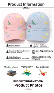 Detail view of pink and blue kids' cotton baseball caps with dinosaur embroidery