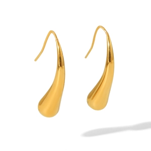 Detail of tear-drop earrings in 18k gold-plated stainless steel with mirror finish