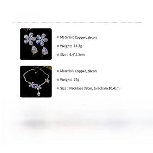 Detailed specs for zircon flower necklace and earrings set with material and size info