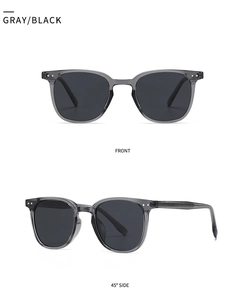 Front and 45-degree side view of gray translucent sunglasses with metal rivets